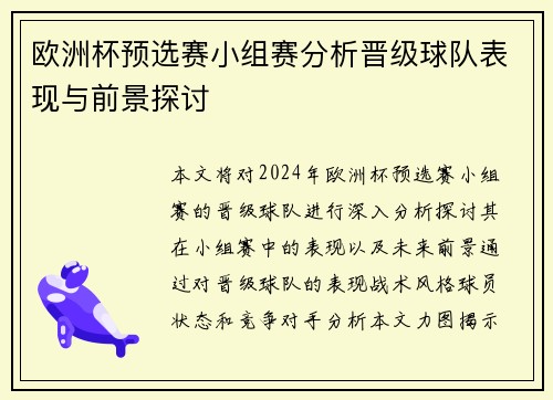 欧洲杯预选赛小组赛分析晋级球队表现与前景探讨