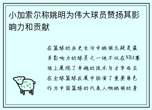 小加索尔称姚明为伟大球员赞扬其影响力和贡献